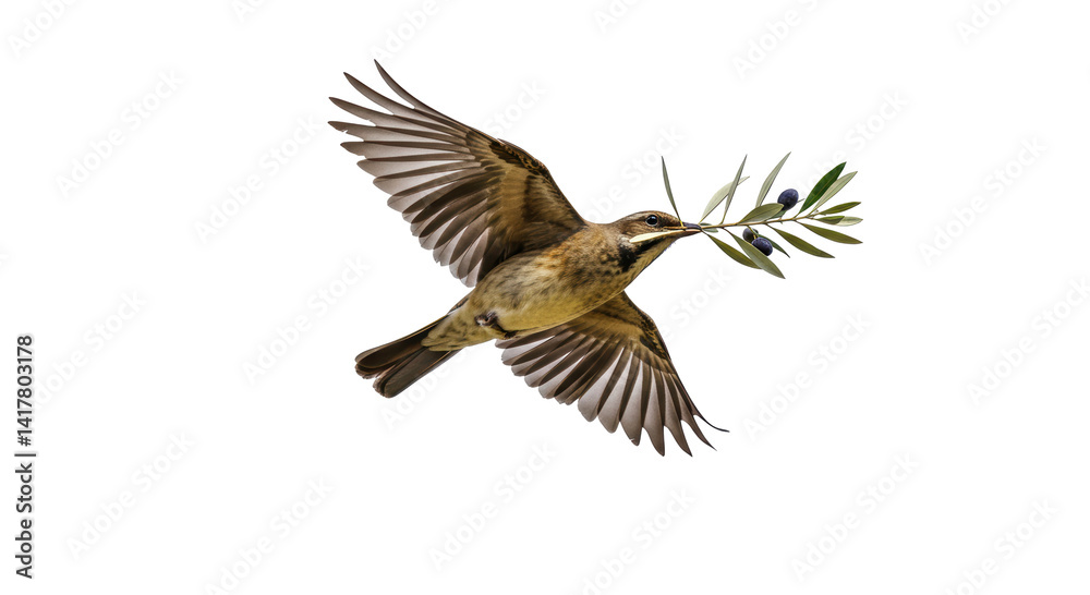 Naklejka premium Isolated Bird in Flight Carrying Olive Branch Symbol of Peace