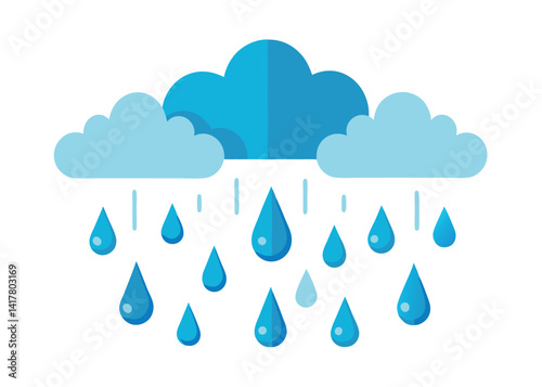 Vector illustration of a sky with rain droplets falling on a white background — clean and simple weather icon, flat design with blue raindrops and soft cloud shapes, perfect for forecast or climate vi