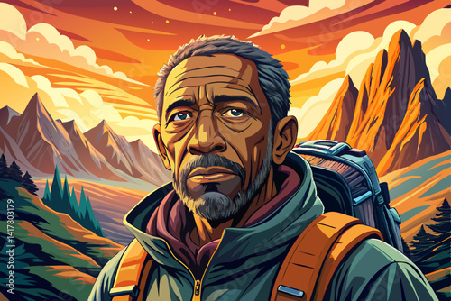 Old Black Man solo vector traveling backpacker hiking in mountains at sunset time active healthy lifestyle adventure journey vacations
