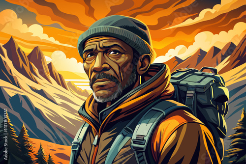 Old Black Man solo vector traveling backpacker hiking in mountains at sunset time active healthy lifestyle adventure journey vacations