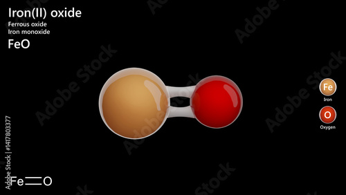 Iron(II) Oxide molecule. Molecular structure. Formula: FeO. Chemical model: Ball and stick. Black background. 3D illustration. photo
