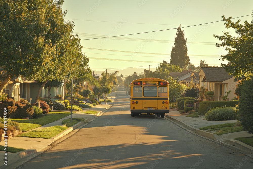 Obraz premium School bus driving down residential street, yellow with black stripes, children's faces visible through window, trees lining sidewalk.