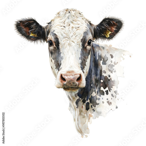 Dairy Cow with Black and White Spots Head Isolated Hand Drawn Watercolor Painting Illustration