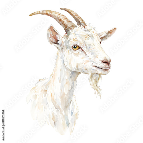 Graceful White Goat with Yellow Eyes Isolated Hand Drawn Watercolor Painting Illustration