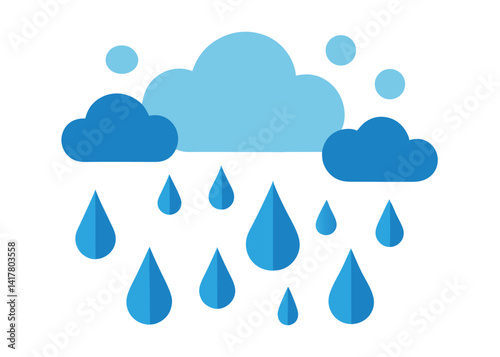 Vector illustration of a sky with rain droplets falling on a white background — clean and simple weather icon, flat design with blue raindrops and soft cloud shapes, perfect for forecast or climate vi