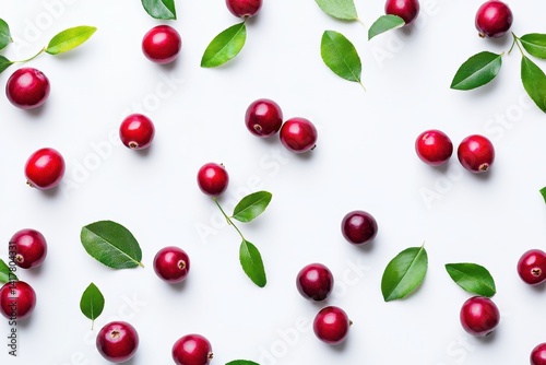 Vibrant cranberries and lush green leaves arranged on a pristine white background creating a fresh and appetizing flat lay Perfect for