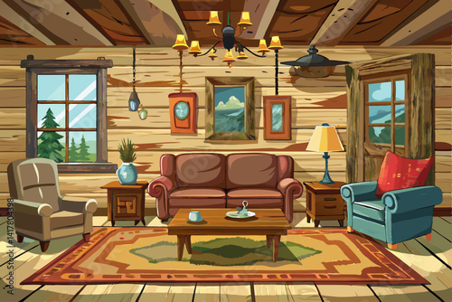 vector of Rustic living room with worn furniture and wood paneling.