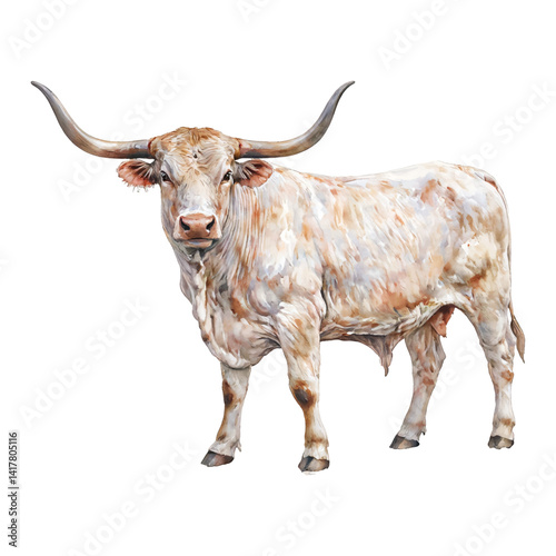 Watercolor Painting of Texas Longhorn with White and Brown Color Isolated Hand Drawn Watercolor Painting Illustration