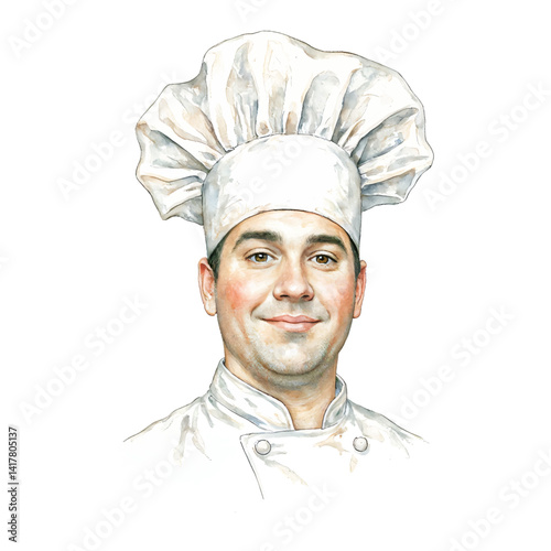 Chef Head Portrait Isolated Hand Drawn Watercolor Painting Illustration of Cook Man Wearing Hat