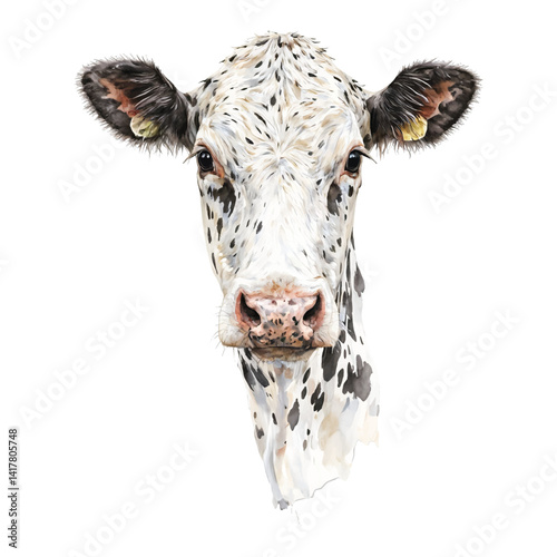 Dairy Cow Head with Black and White Spots Front View Isolated Hand Drawn Watercolor Painting Illustration