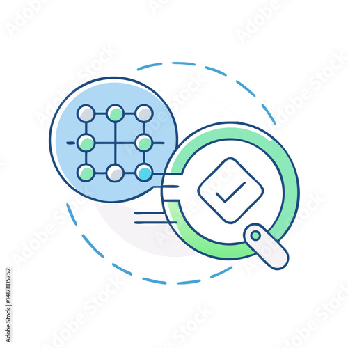 Magnifying glass with neural network – AI search or validation.