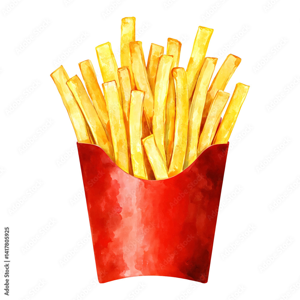 Crispy Golden French Fries in Red Paper Container Isolated Hand Drawn Watercolor Illustration
