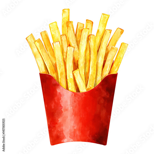 Crispy Golden French Fries in Red Paper Container Isolated Hand Drawn Watercolor Illustration