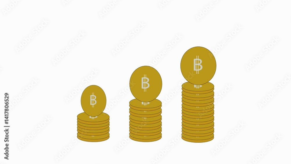 Animated of stacks of gold bit coin on white background. Business video for finance, banking, stock market, and economic concept.