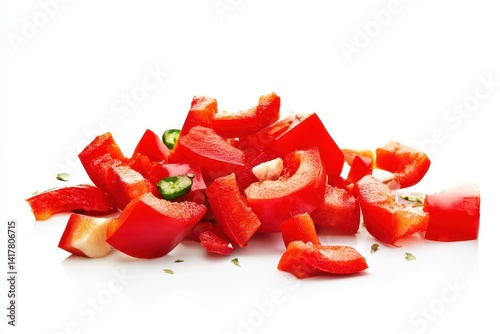 Vibrant red bell pepper chunks freshly diced perfect for cooking salads or as a delicious garnish Bright clean studio shot isolated 