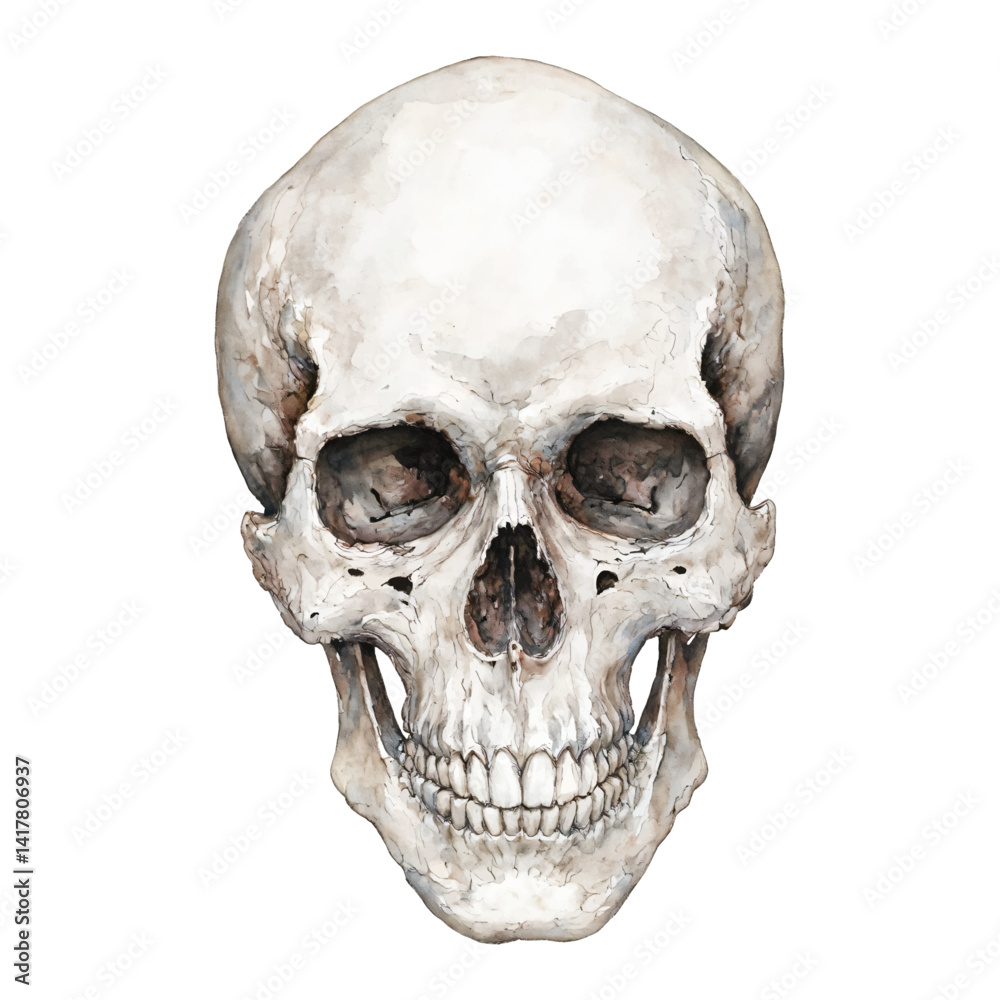Obraz premium Skull Head Anatomy Front View Isolated Hand Drawn Watercolor Painting Illustration