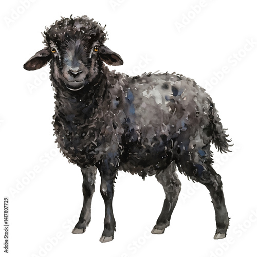 Cute Black Sheep Portrait Standing Pose Isolated Hand Drawn Watercolor Painting Illustration
