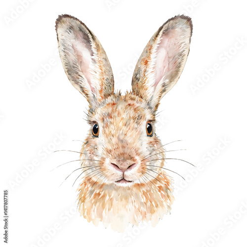 Cute Bunny Head Portrait with Long Ears Isolated Hand Drawn Watercolor Painting Illustration