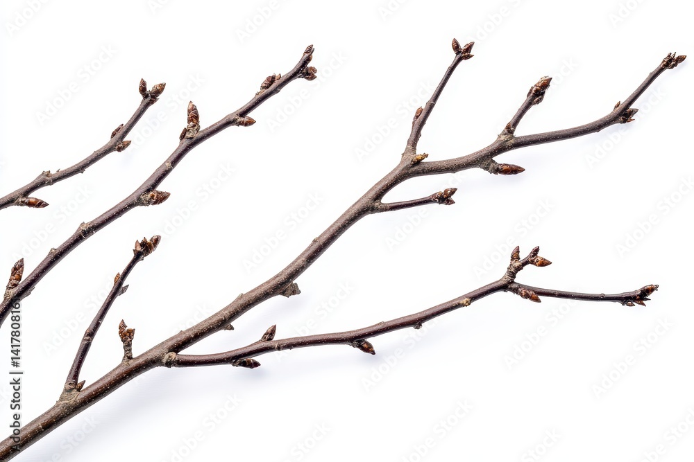 A delicate bare branch against a stark white background A delicate bare branch against a stark white background