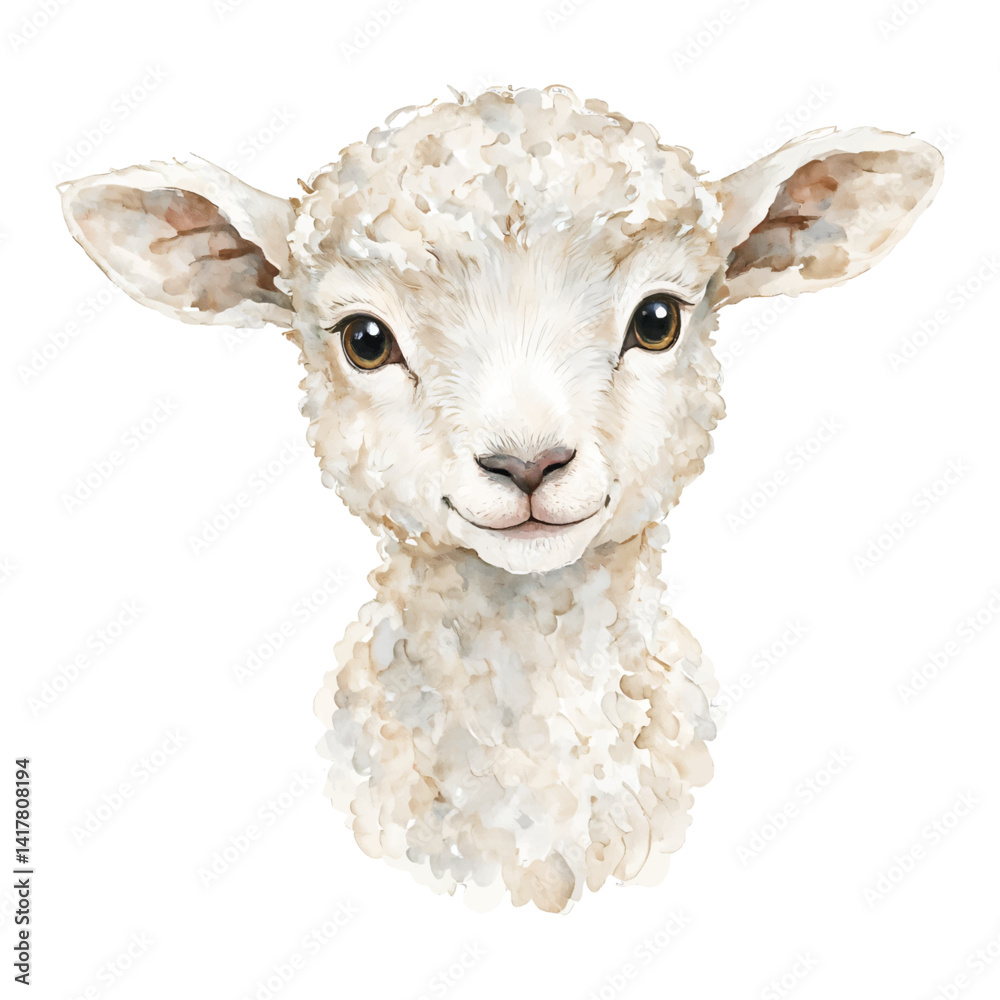 Obraz premium Adorable Cute Baby Sheep Head Face Isolated Hand Drawn Watercolor Painting Illustration