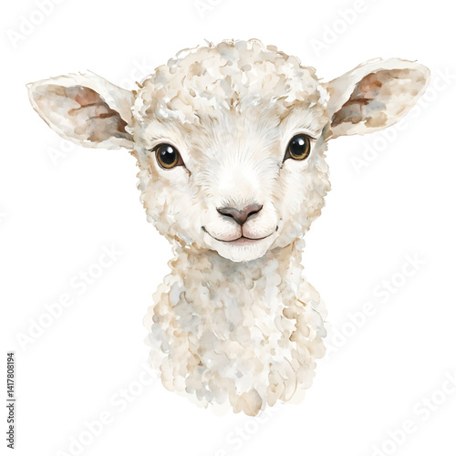 Adorable Cute Baby Sheep Head Face Isolated Hand Drawn Watercolor Painting Illustration