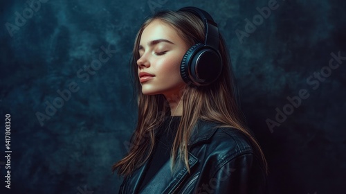 Young woman enjoying music with headphones in dark setting