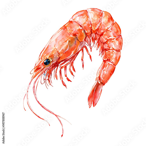 Single Fresh Shrimp or Prawn Isolated Hand Drawn Watercolor Painting Illustration Seafood Cuisine