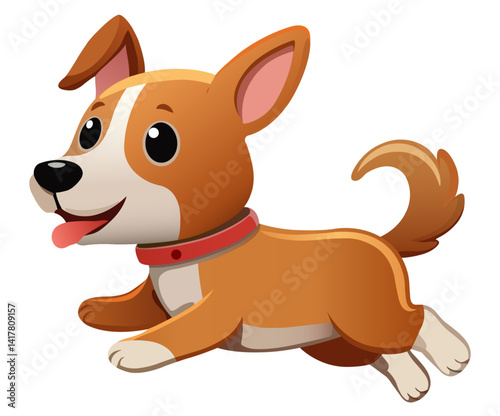 Adorable cartoon dog jumping happily, cute puppy with big eyes, red collar and cheerful face, perfect for kids’ content, pet designs, animations and playful marketing visuals