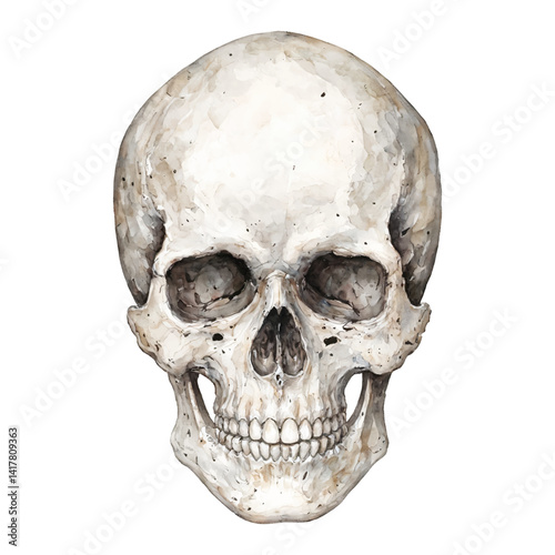 Skull Head Isolated Anatomical Study Isolated Hand Drawn Watercolor Painting Illustration Front View