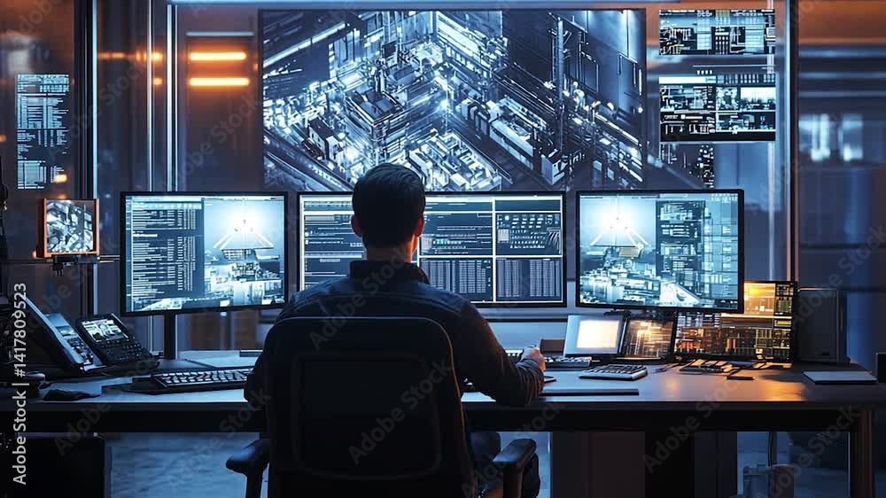 Person monitoring multiple screens in a high-tech control room at night Person monitoring multiple screens in a high-tech control room at night
