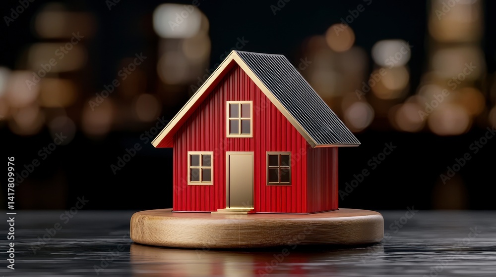 Red Miniature Wooden House on Dark Wood with City Lights