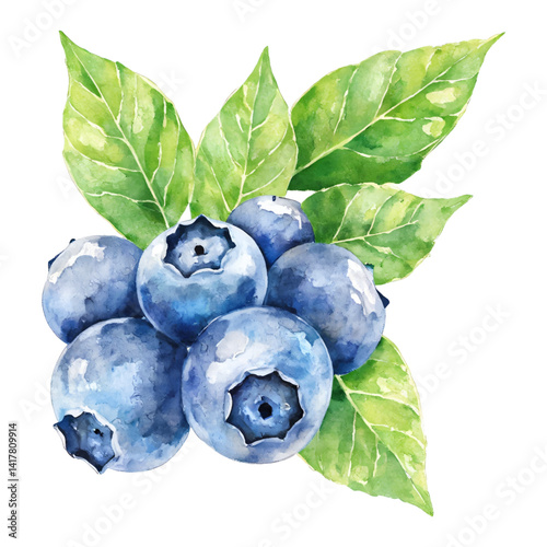 Fresh Blueberries with Green Leaves Isolated Hand Drawn Watercolor Painting Illustration