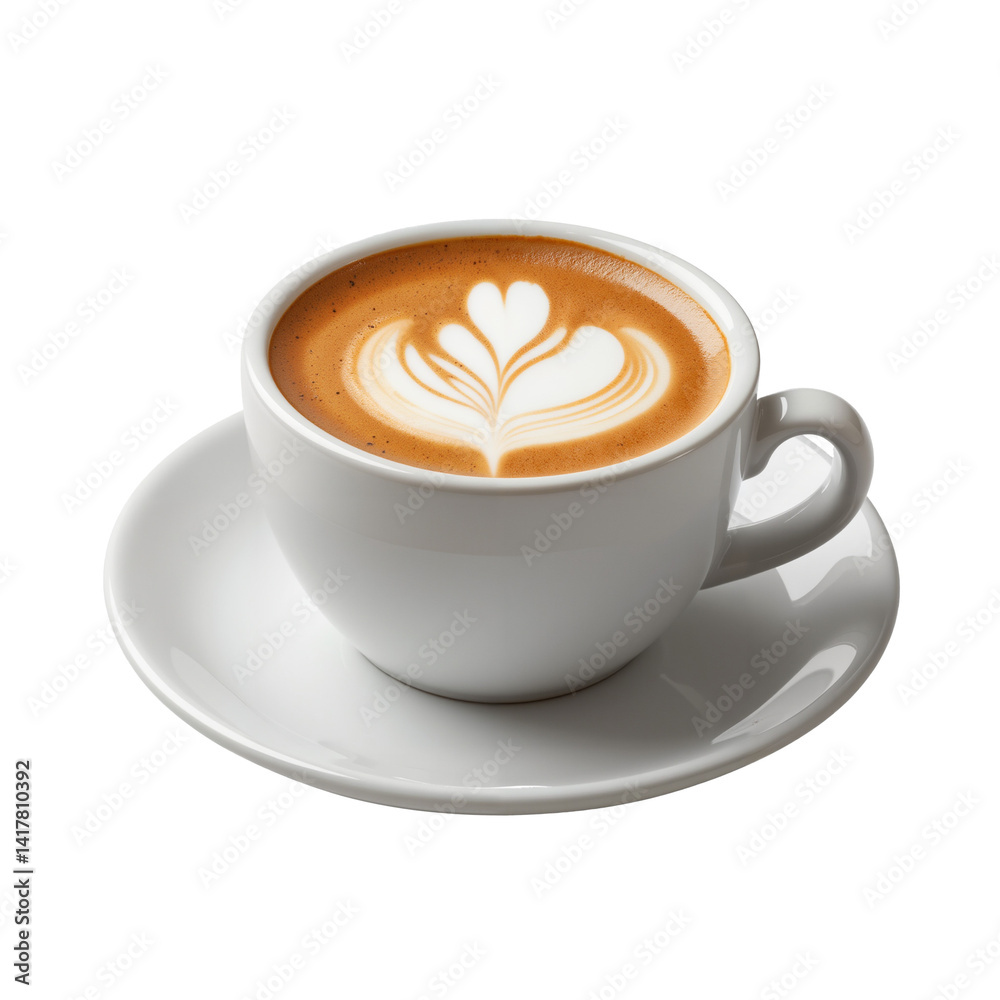 Cup of cappuccino with latte art in white saucer on white background Cup of cappuccino with latte art in white saucer on white background