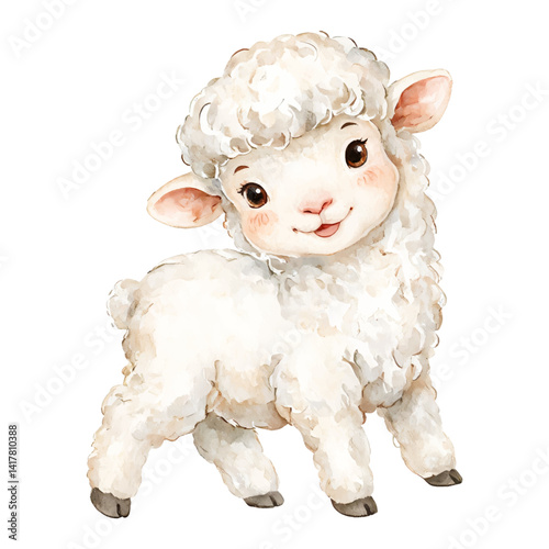 Adorable Cute Baby Sheep Standing Isolated Hand Drawn Watercolor Painting Illustration