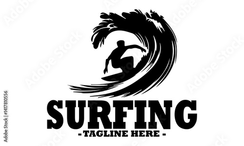Dynamic black silhouette of a surfer riding a powerful, stylized ocean wave with splashing water details. Line art illustration of surfer, surfer logo design template and surfer vector illustration