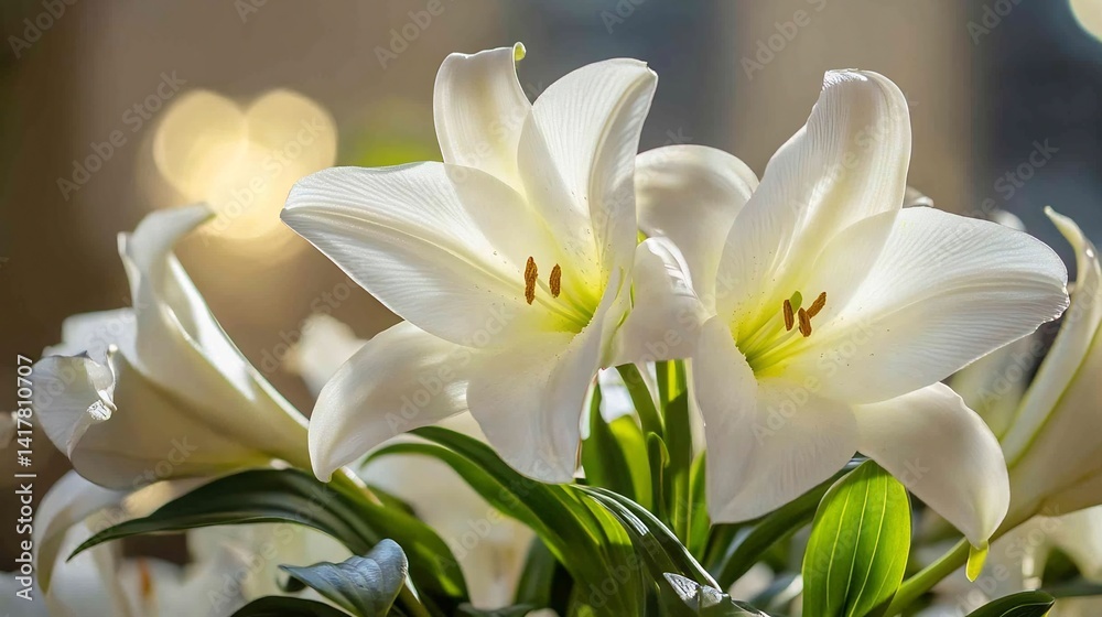 Close up of pristine white Easter lilies on a church altar with soft backlighting Close up of pristine white Easter lilies on a church altar with soft backlighting