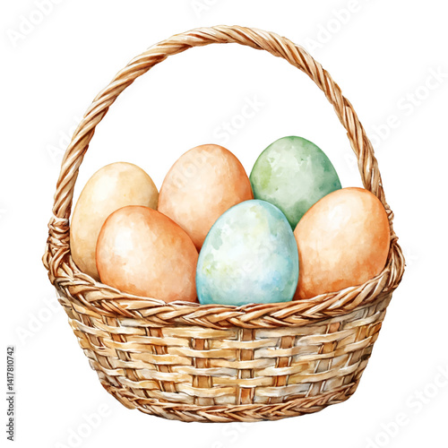 Six Colorful Eggs in the Basket Isolated Hand Drawn Watercolor Painting Illustration