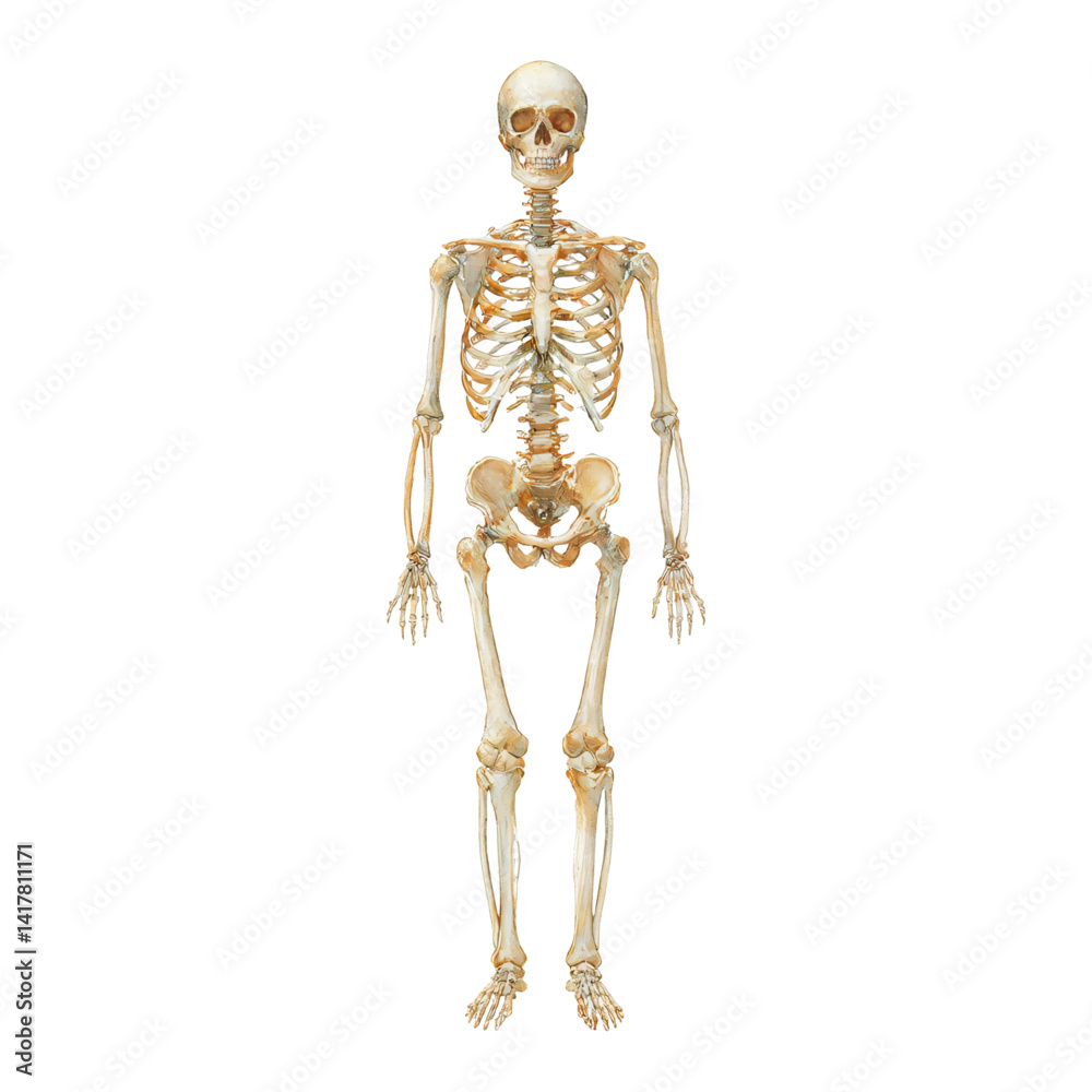 Anatomical Human Skeleton Full Body Front View Isolated Hand Drawn Watercolor Illustration Anatomical Human Skeleton Full Body Front View Isolated Hand Drawn Watercolor Illustration