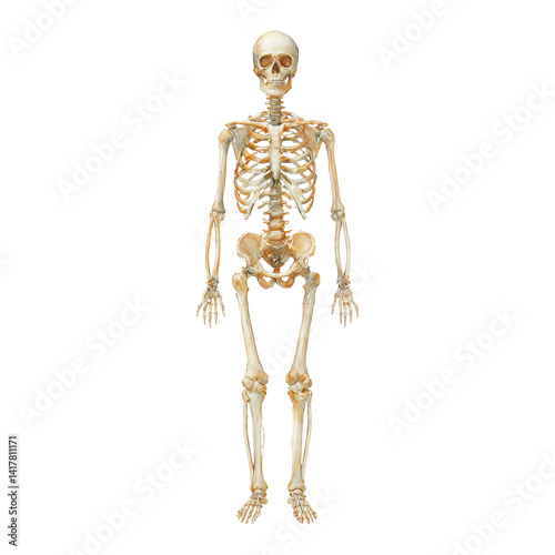 Anatomical Human Skeleton Full Body Front View Isolated Hand Drawn Watercolor Illustration