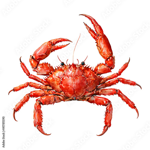 Red King Crab with Raised Claws Isolated Hand Drawn Watercolor Painting Illustration