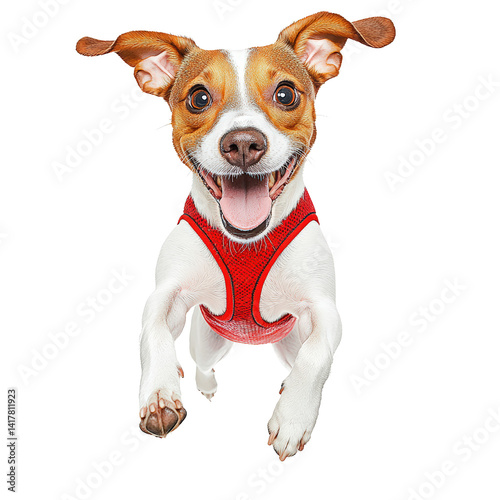 Wallpaper Mural Playful small dog with expressive face and alert eyes wea a red harness, lively pet enjoying outdoor activities, happy animal in vibrant environment Torontodigital.ca