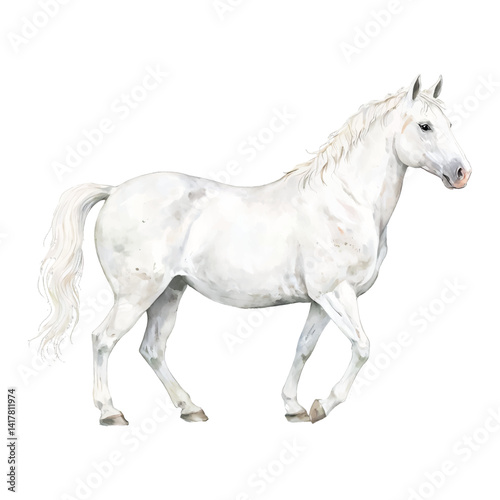Elegant White Horse Running Illustration Isolated Hand Drawn Watercolor Painting Illustration