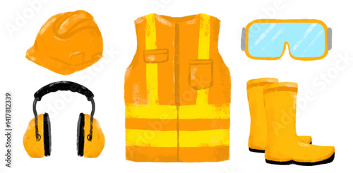 Cute set collections of safety tools equipment construction site worker doodle kids illustration watercolor crayon design