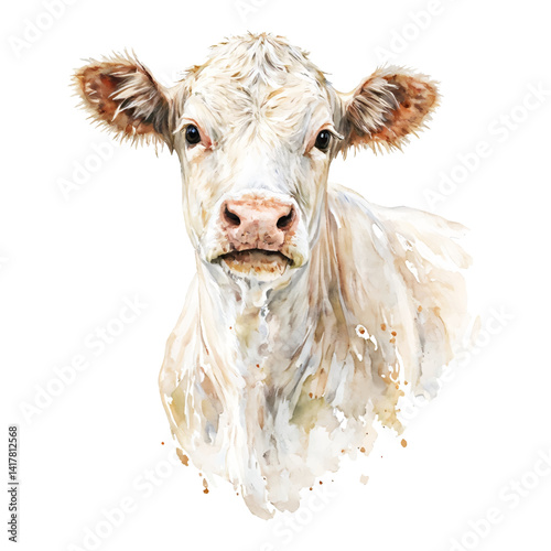 Portrait of White Cow Head Isolated Hand Drawn Watercolor Painting Illustration Front View Of Farm Animal