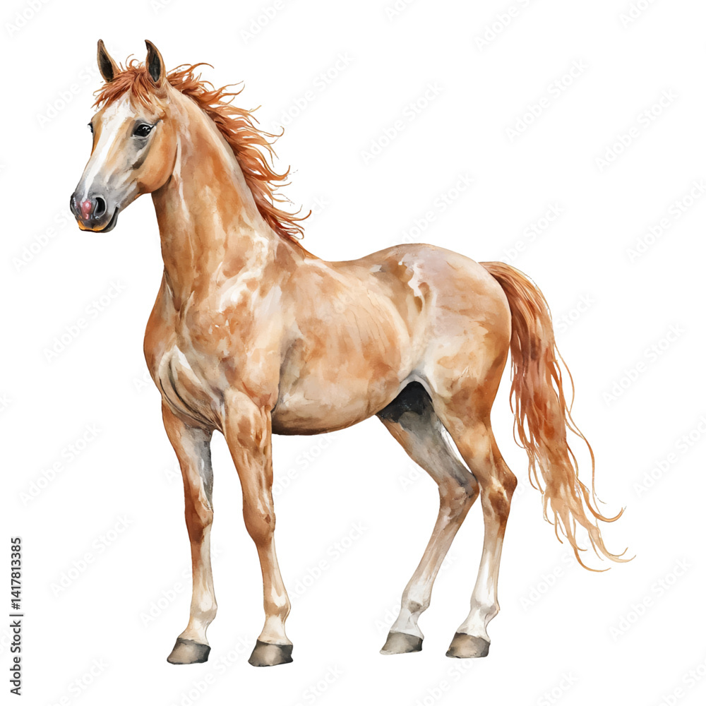 Obraz premium Elegant Horse with Brown Mane Standing Proudly Isolated Hand Drawn Watercolor Painting Illustration