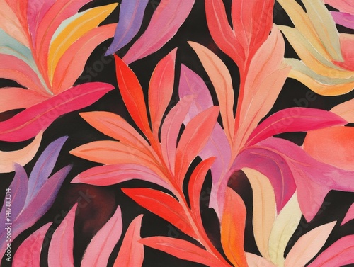 Coral leaves dance against a dark backdrop blending color and form in an artistic expression