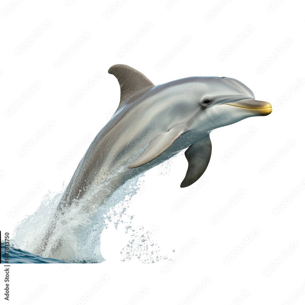 Naklejka premium Dynamic dolphin jumping out of water with splash and energetic motion, marine life, ocean animal, aquatic creature, wildlife, aquatic sports