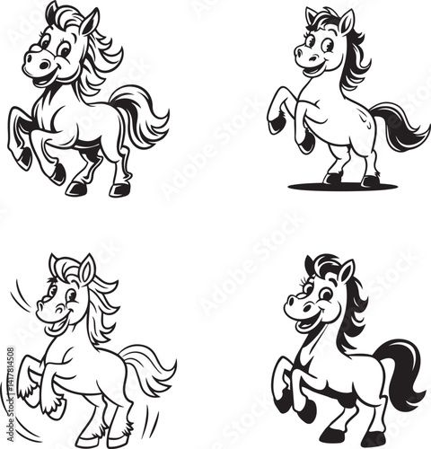 Cute Cartoon Horse Illustrations Black And White Set Horse Animal Character