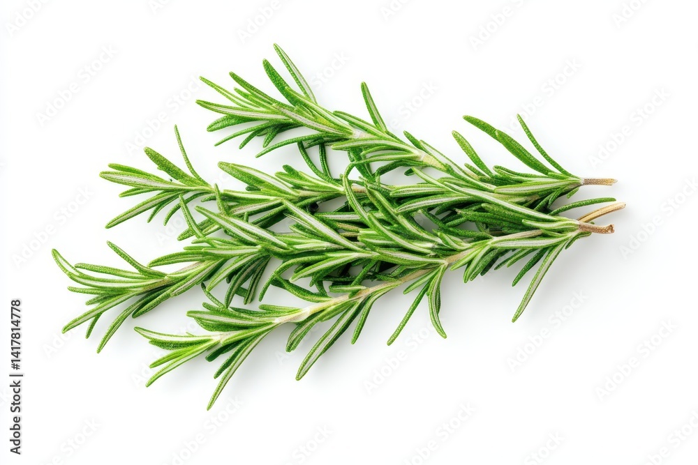 Fototapeta premium Fresh rosemary sprig vibrant green herb with needle like leaves against a bright white background