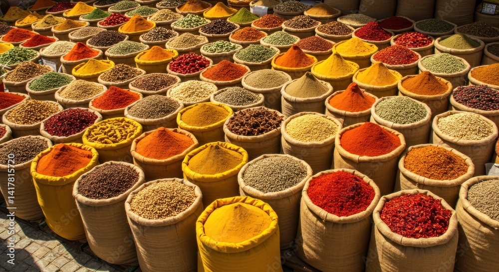 Fototapeta premium Spices Market - Variety of Spices in Sacks, Photo